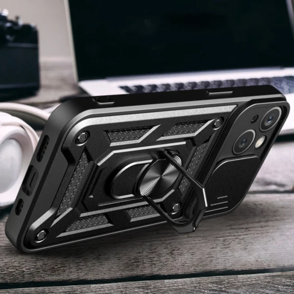 Hybrid Armor Camshield Case with Stand and Camera Cover for iPhone 15 Plus - Pinkeng
