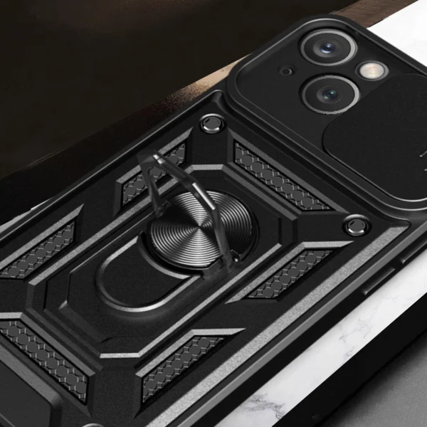 Hybrid Armor Camshield Case with Stand and Camera Cover for iPhone 15 Plus - Pinkeng