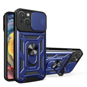 Hybrid Armor Camshield Case with Stand and Camera Cover for iPhone 15 Plus - Blueeng