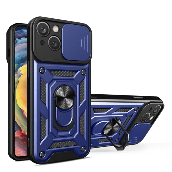 Hybrid Armor Camshield Case with Stand and Camera Cover for iPhone 15 Plus - Blueeng