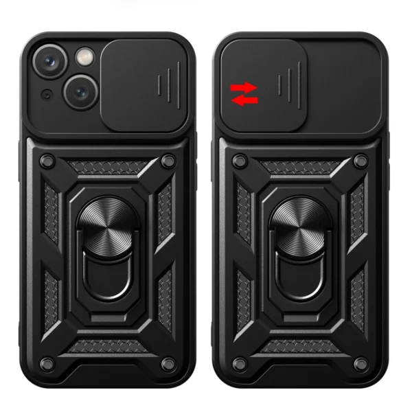 Hybrid Armor Camshield Case with Stand and Camera Cover for iPhone 15 Plus - Blackeng
