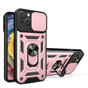 Hybrid Armor Camshield case with stand and camera cover for iPhone 15 - pinkeng