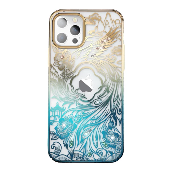 Luxury iPhone 14 Case with Kingxbar Phoenix Crystals - Gold and Blueeng
