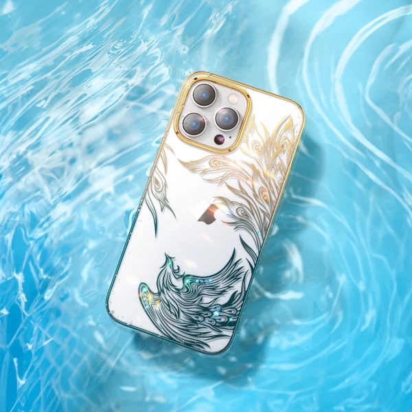 Luxury iPhone 14 Case with Kingxbar Phoenix Crystals - Gold and Blueeng