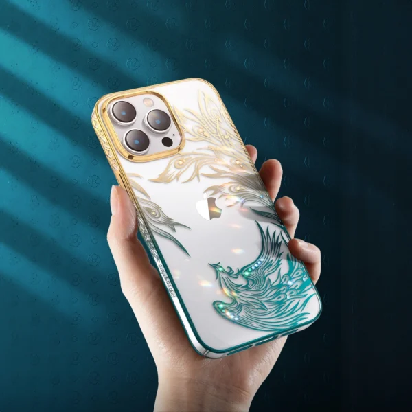 Luxury iPhone 14 Case with Kingxbar Phoenix Crystals - Gold and Blueeng