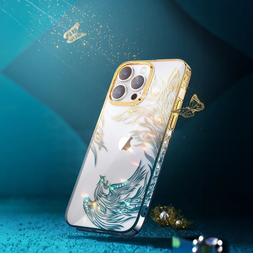 Luxury iPhone 14 Case with Kingxbar Phoenix Crystals - Gold and Blueeng