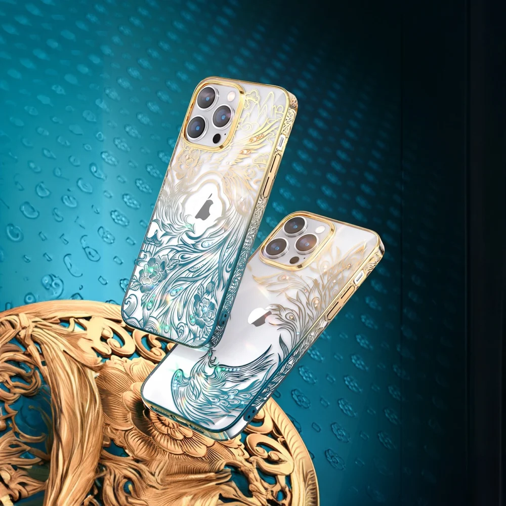 Luxury iPhone 14 Case with Kingxbar Phoenix Crystals - Gold and Blueeng