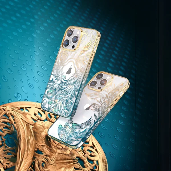 Luxury iPhone 14 Case with Kingxbar Phoenix Crystals - Gold and Blueeng