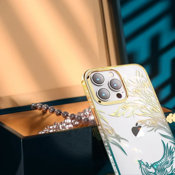 Luxury iPhone 14 Case with Kingxbar Phoenix Crystals - Gold and Blueeng