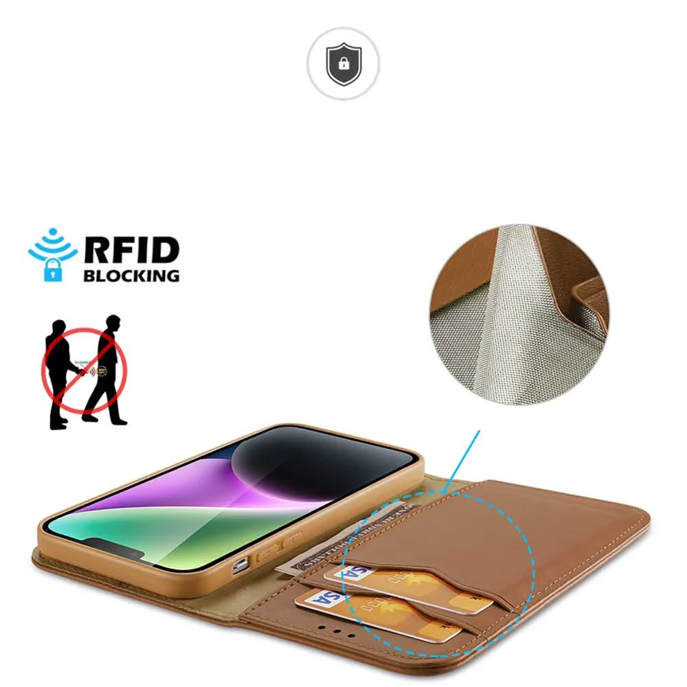 Dux Ducis Hivo iPhone 15 Plus wallet case with RFID blocking - browneng