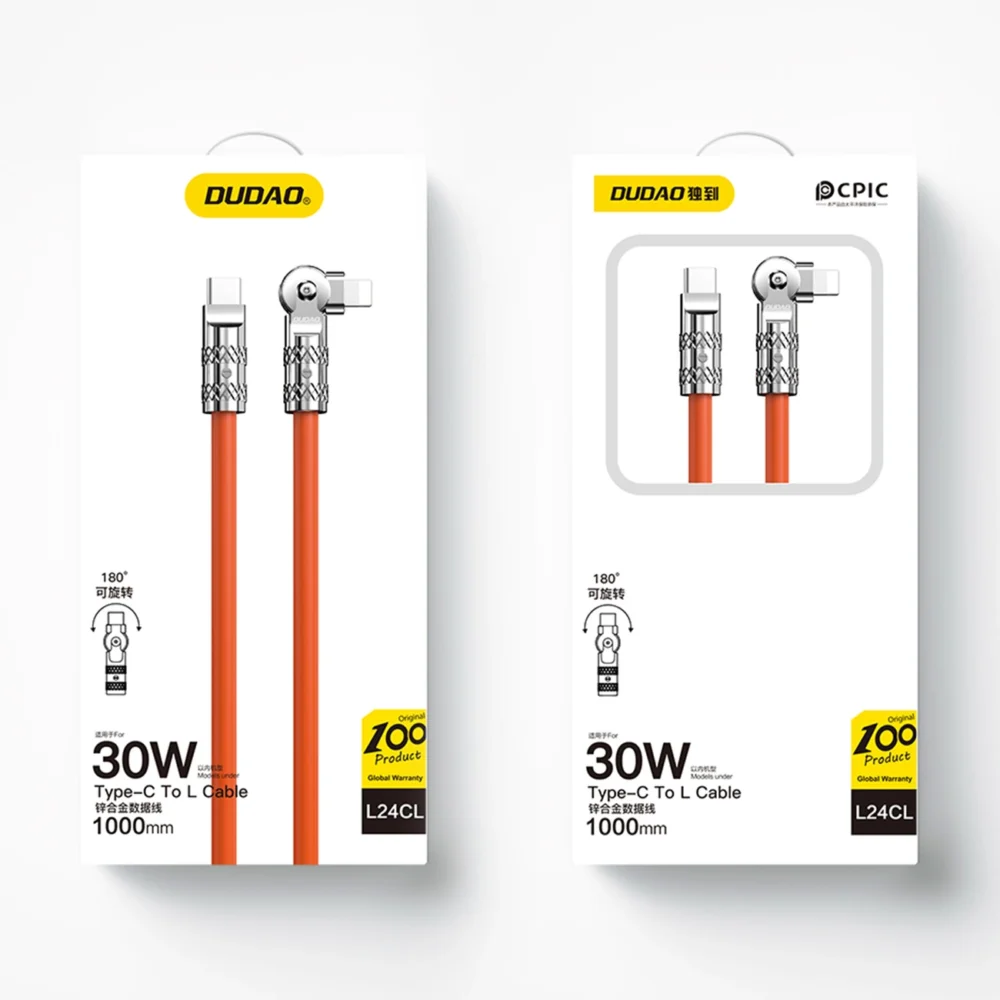 Dudao L24CL USB-C - Lightning angled cable with 180° rotation 30W 1m - orangeeng