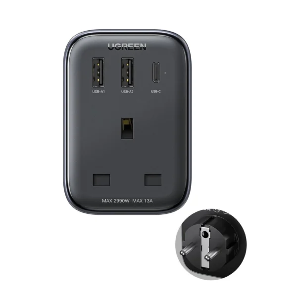 Wall charger 30W (2xUSB/USB C/AC) / UK - EU adapter 13A Ugreen CD314 - blackeng