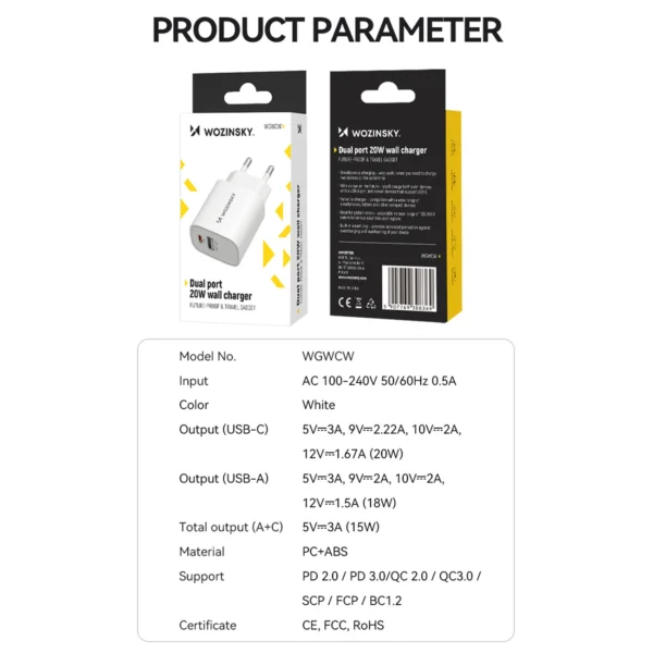 Wozinsky WGWCW USB-A USB-C 20W wall charger - whiteeng
