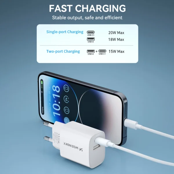 Wozinsky WGWCW USB-A USB-C 20W wall charger - whiteeng