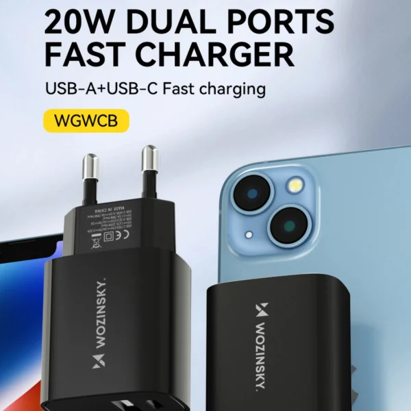 Wozinsky WGWCB USB-A USB-C 20W wall charger - blackeng