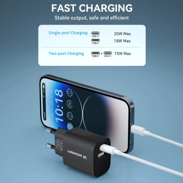 Wozinsky WGWCB USB-A USB-C 20W wall charger - blackeng