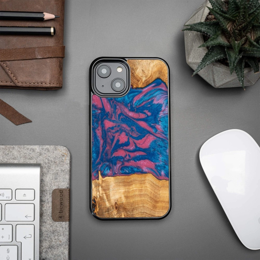 Bewood Unique Vegas wood and resin case for iPhone 14 - pink and blueeng