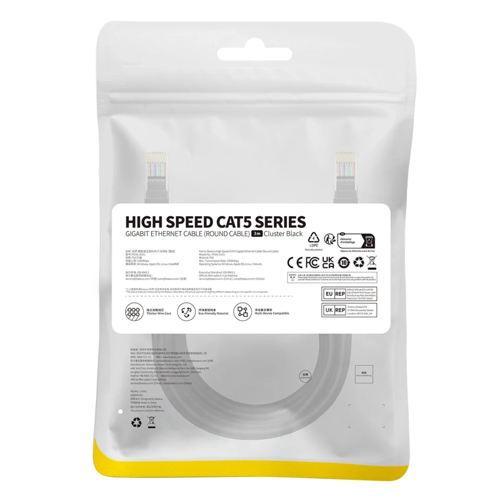Baseus High Speed ​​Cat 5 RJ-45 1000Mb/s Ethernet cable 3m round - blackeng
