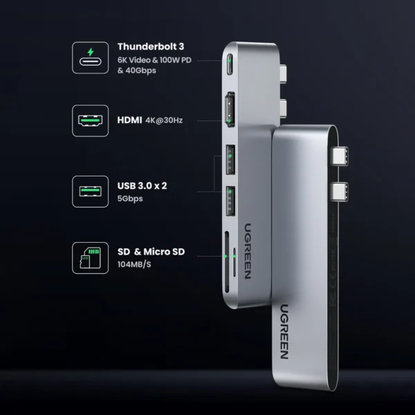 HUB Ugreen CM380 2xUSB C - HDMI/2xUSB 3.0/SD TF/USB C PD - grayeng