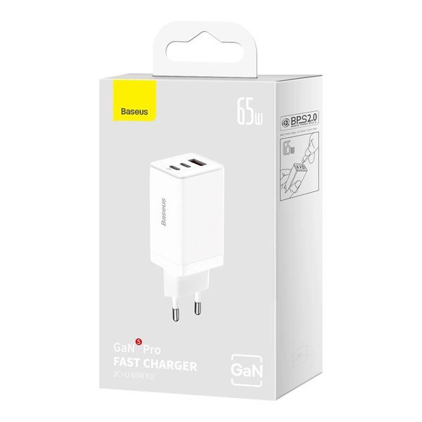 GaN 2xUSB C 1xUSB 65W fast charger Baseus GaN5 Pro + USB C - USB C 100W cable - whiteeng