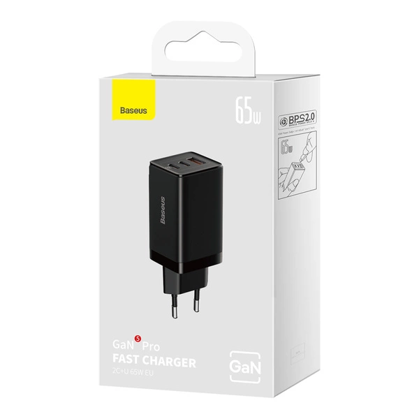 GaN 2xUSB C 1xUSB 65W fast charger Baseus GaN5 Pro + USB C - USB C 100W cable - blackeng