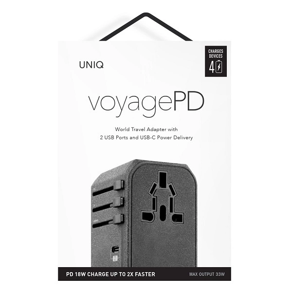 Uniq Voyage LITHOS Collective 33W 2xUSB PD 18W QC 3.0 travel adapter - grayeng