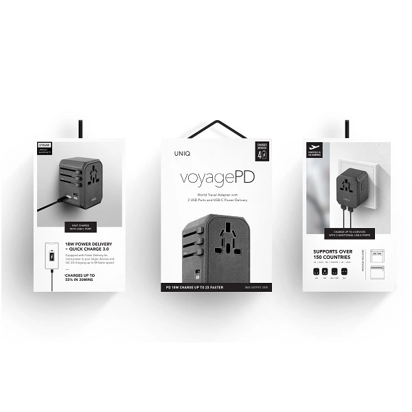 Uniq Voyage LITHOS Collective 33W 2xUSB PD 18W QC 3.0 travel adapter - grayeng