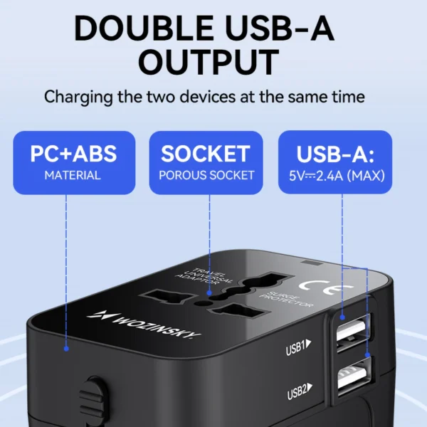 Wozinsky WUTWC travel adapter universal 24W EU / US / AUS / UK / 2x USB-A - blackeng