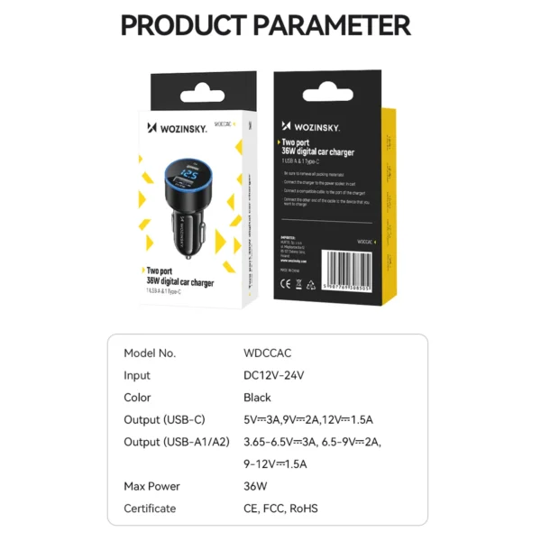 Wozinsky WDCCAC USB-C USB-A 36W car charger - blackeng