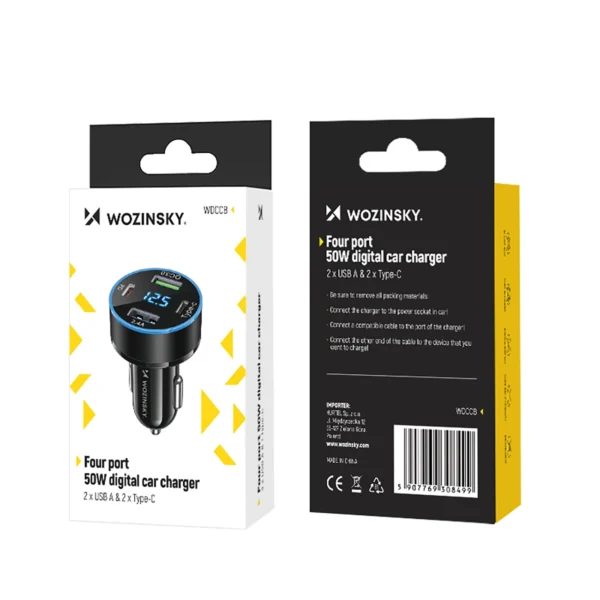 Wozinsky WDCCB Car Charger with Display 50W 2xUSB-C / 2xUSB-A - Blackeng
