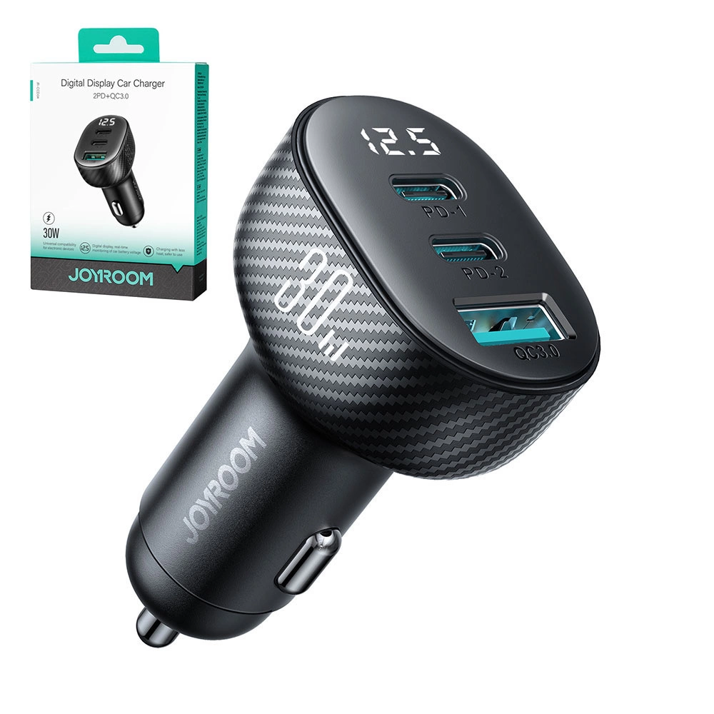 Joyroom JR-CCD04 30W 2x USB-C USB-A car charger with display - blackeng