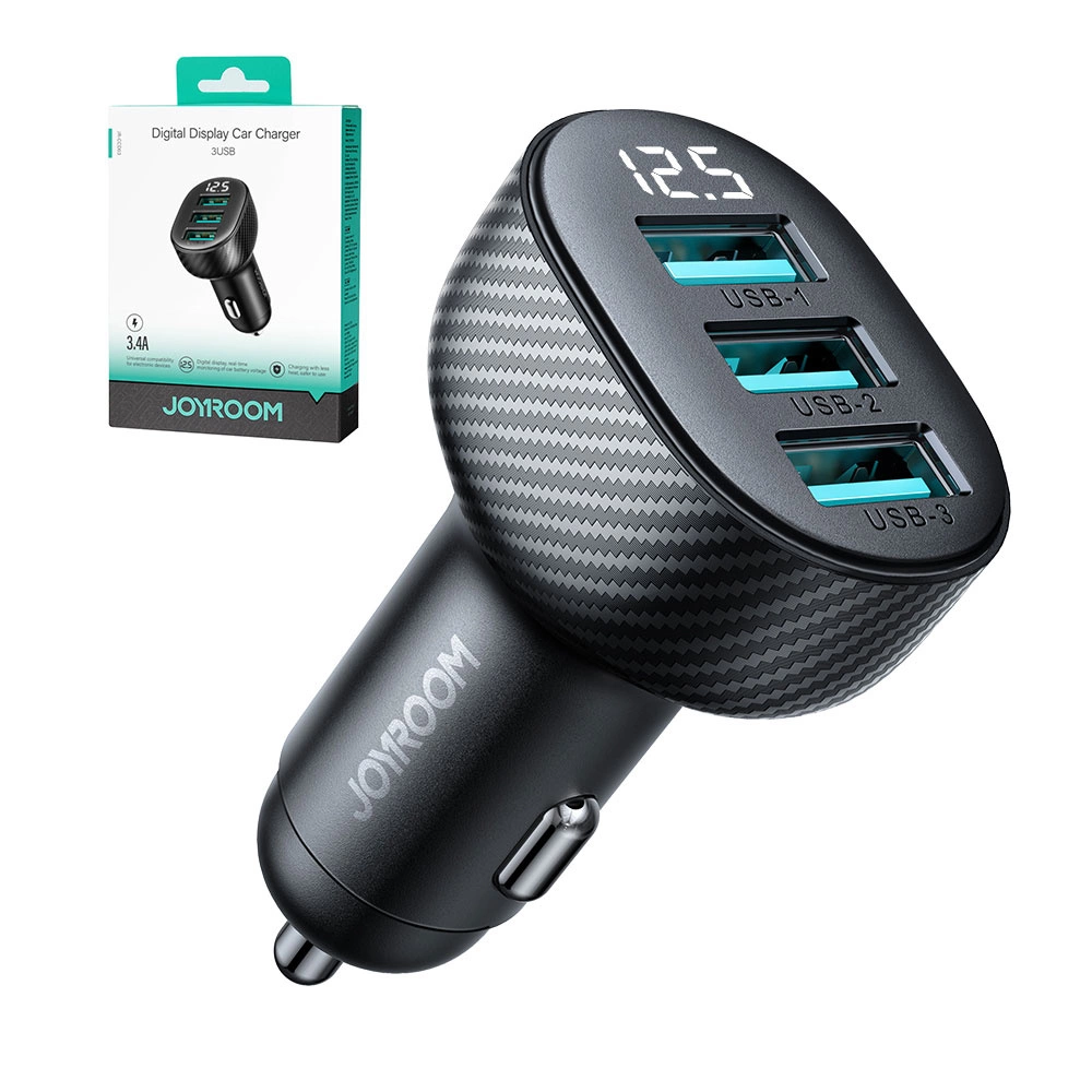 Joyroom JR-CCD03 3.4A car charger with 3x USB-A display - blackeng