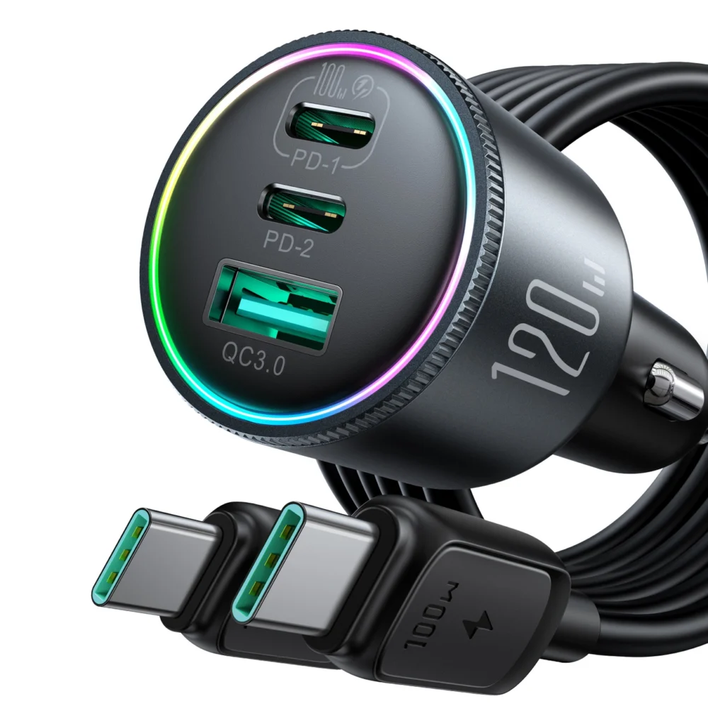 Joyroom JR-CCN07 car charger 120W 2xUSB-C USB-A + USB-C cable 100W - dark grayeng
