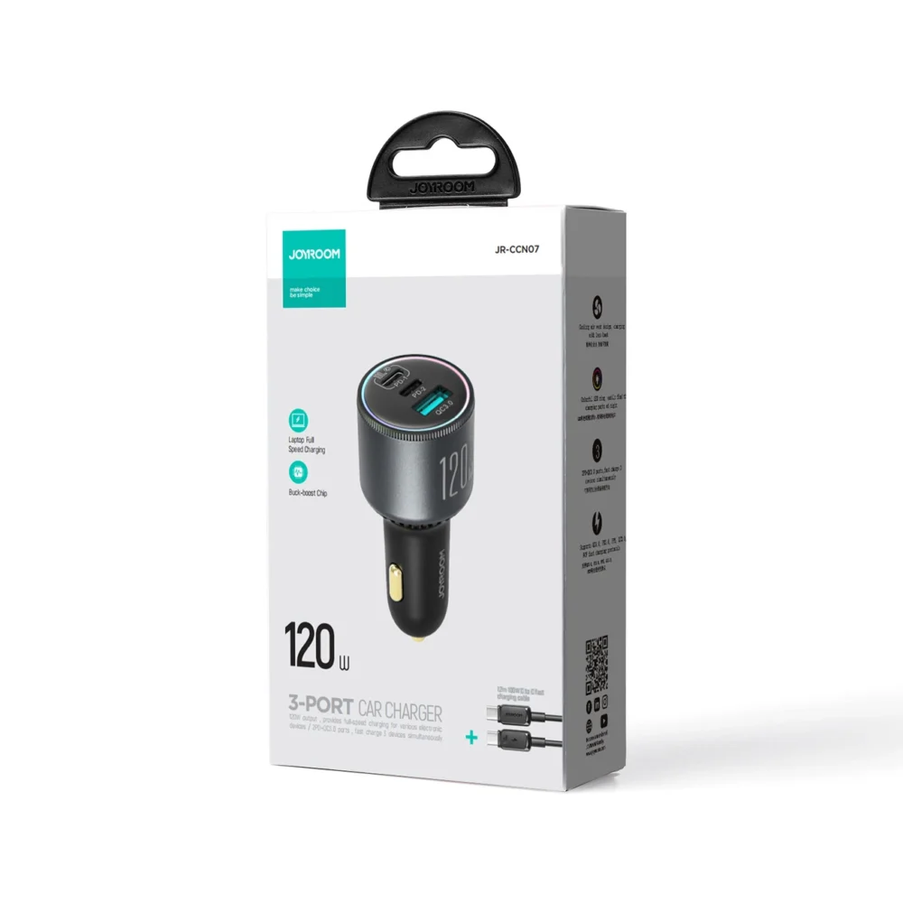 Joyroom JR-CCN07 car charger 120W 2xUSB-C USB-A + USB-C cable 100W - dark grayeng