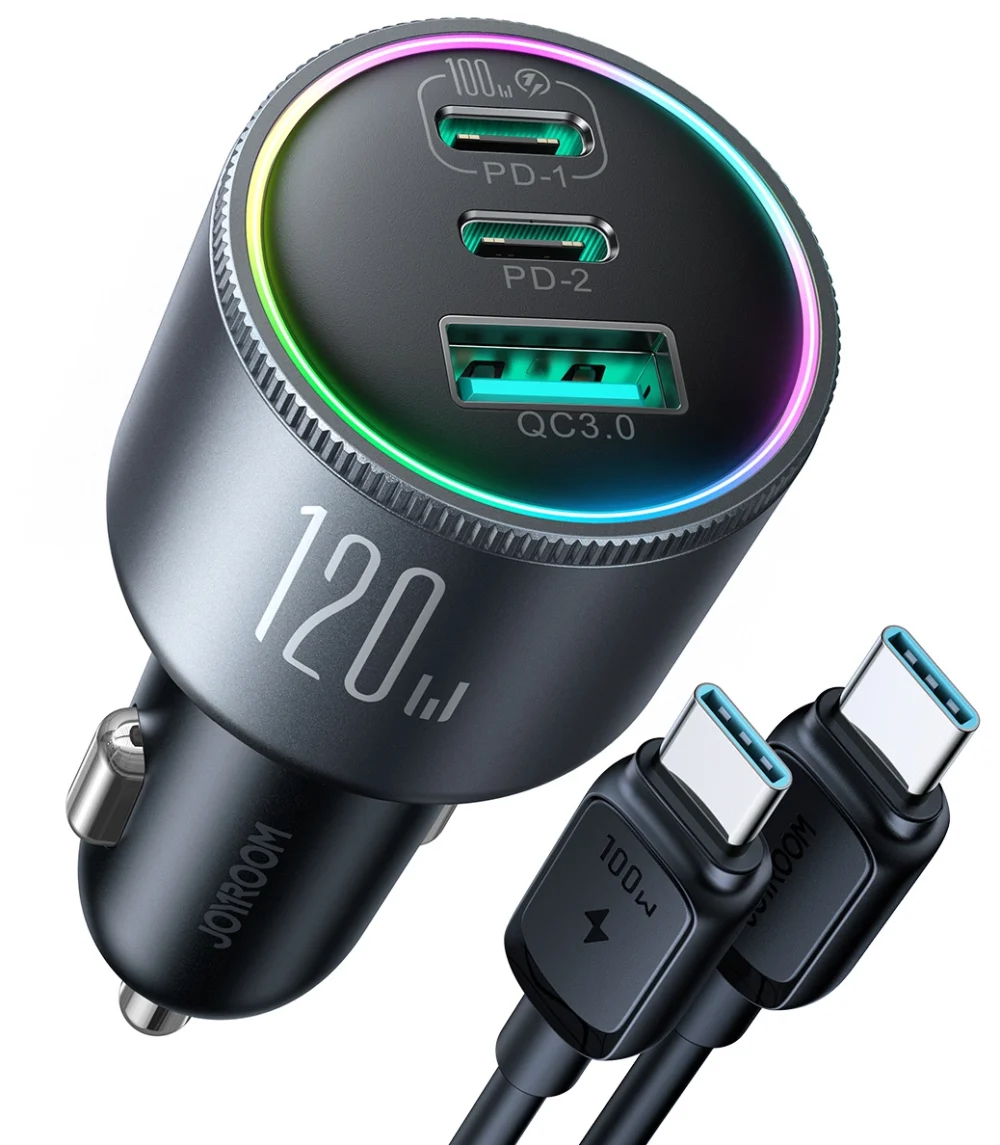 Joyroom JR-CCN07 car charger 120W 2xUSB-C USB-A + USB-C cable 100W - dark grayeng