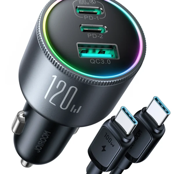 Joyroom JR-CCN07 car charger 120W 2xUSB-C USB-A + USB-C cable 100W - dark grayeng