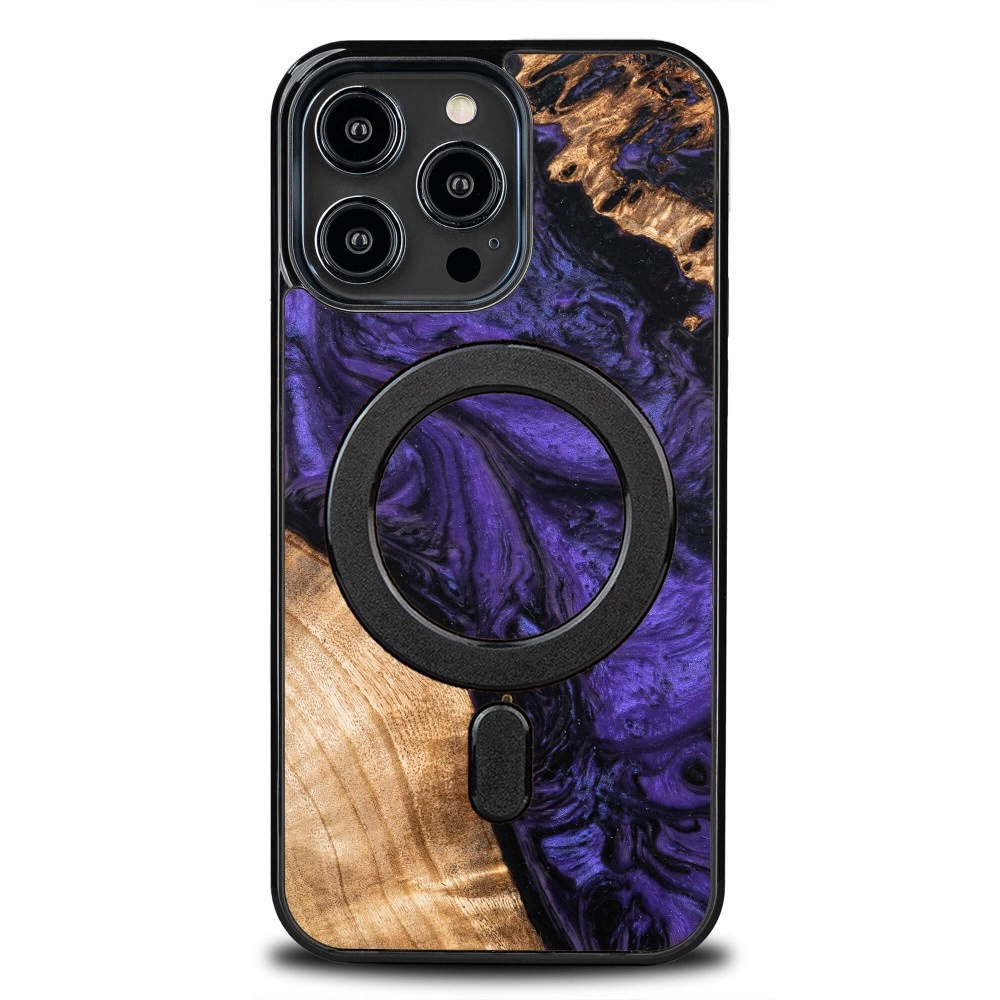 Wood and Resin Case for iPhone 14 Pro Max MagSafe Bewood Unique Violet - Purple and Blackeng