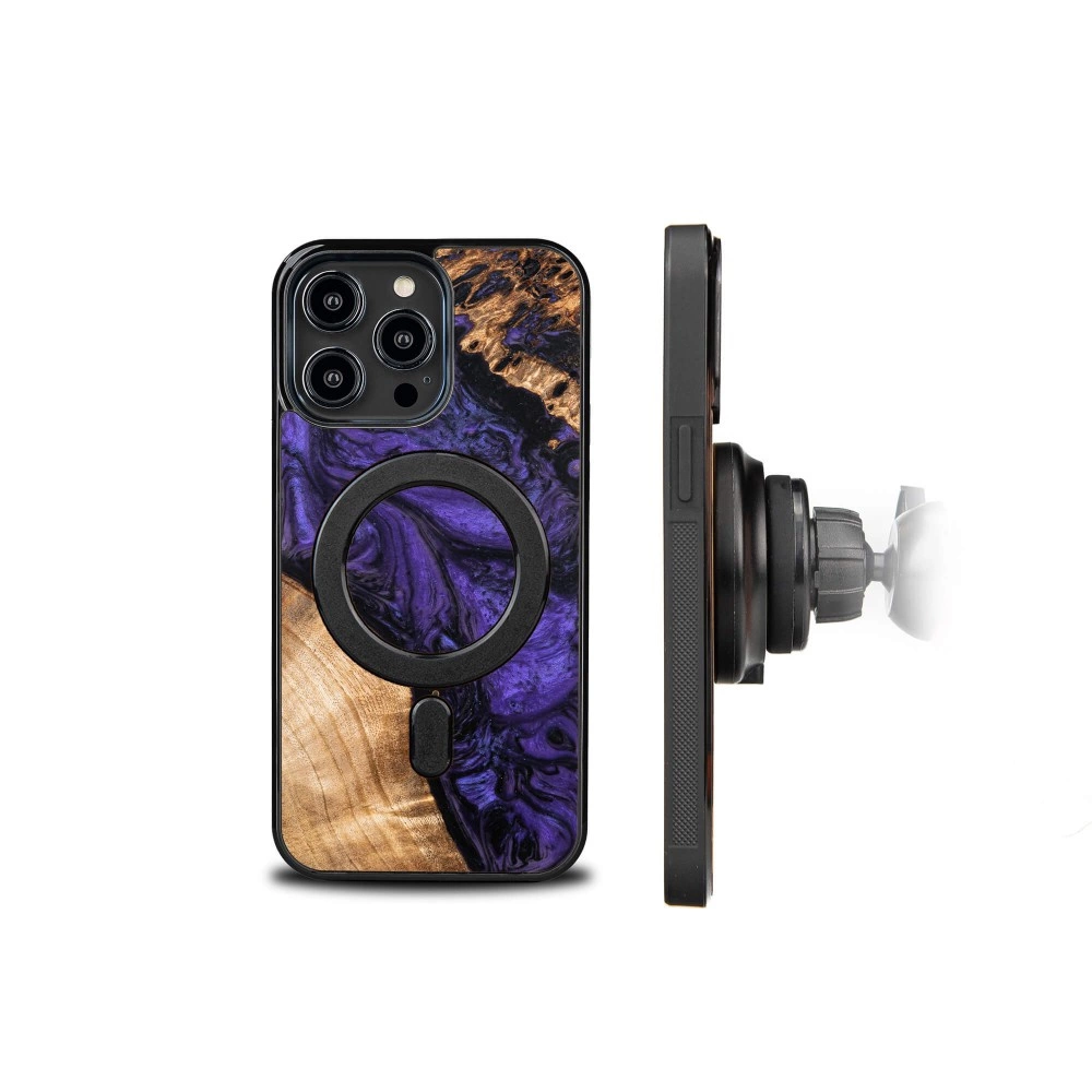 Wood and Resin Case for iPhone 14 Pro Max MagSafe Bewood Unique Violet - Purple and Blackeng