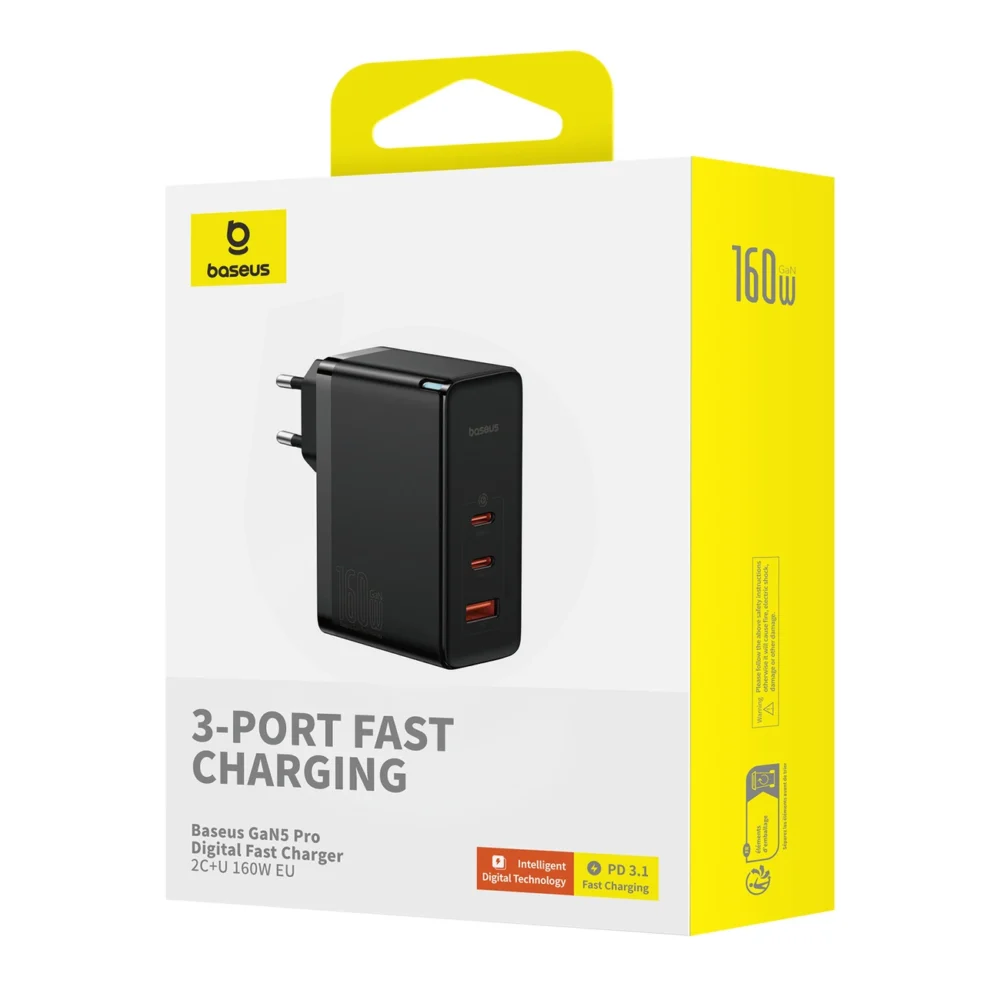 Baseus GaN5 Pro GaN charger 2x USB-C / USB-A 160W - black + USB-C - USB-C 240W cable - blackeng