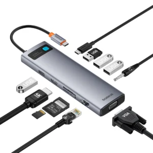 HUB 11in1 Baseus Metal Gleam Series USB-C to USB-C PD / 3x USB-A 3.0 / USB-A 2.0 / HDMI / VGA / AUX / RJ-45 / SD TF - grayeng