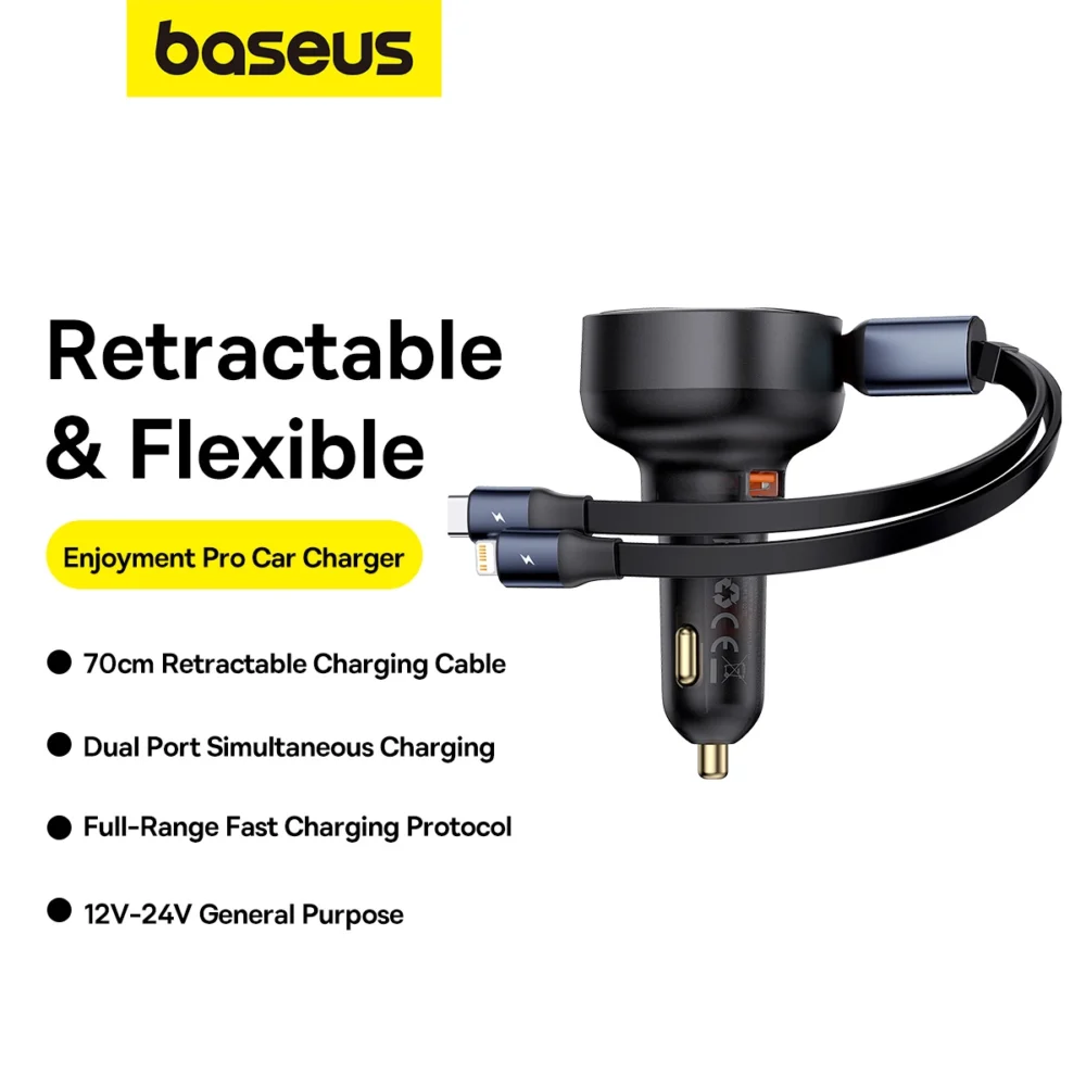 Baseus Enjoyment USB-A car charger with USB-C / Lightning 60W cable - blackeng