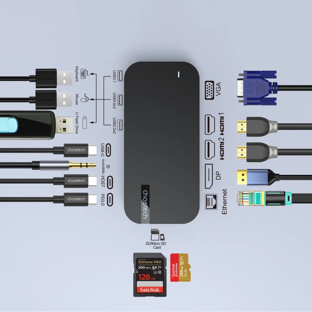HUB Choetch M52 USB-C - USB-C PD/USB-C/USB-A/HDMI/VGA/DP/SD/TF/RJ45/AUX - grayeng