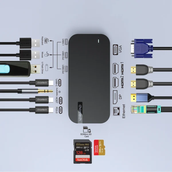 HUB Choetch M52 USB-C - USB-C PD/USB-C/USB-A/HDMI/VGA/DP/SD/TF/RJ45/AUX - grayeng