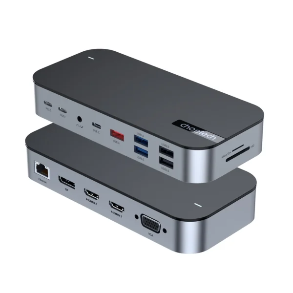 HUB Choetch M52 USB-C - USB-C PD/USB-C/USB-A/HDMI/VGA/DP/SD/TF/RJ45/AUX - grayeng