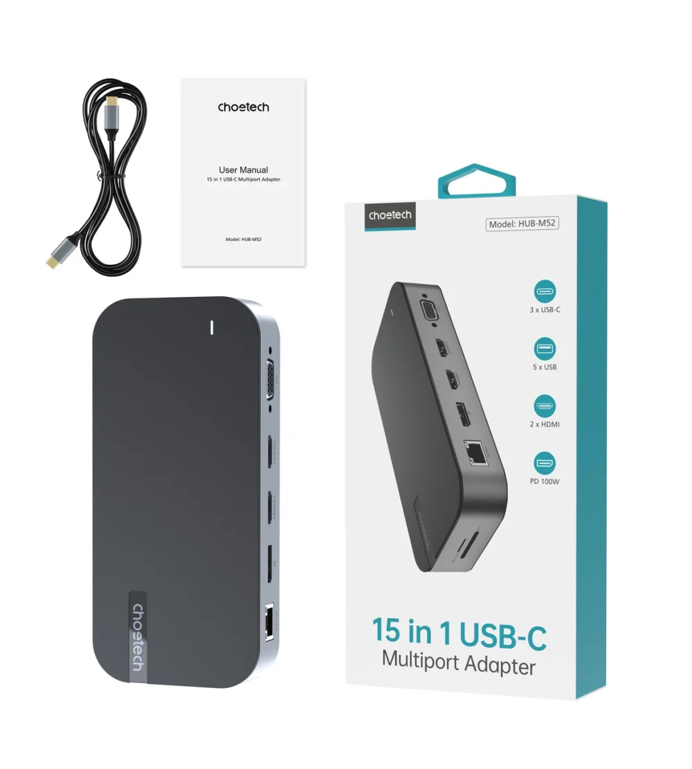 HUB Choetch M52 USB-C - USB-C PD/USB-C/USB-A/HDMI/VGA/DP/SD/TF/RJ45/AUX - grayeng