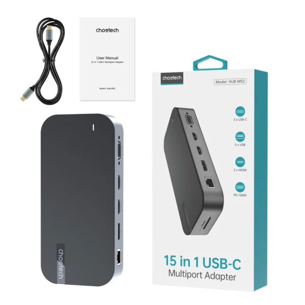 HUB Choetch M52 USB-C - USB-C PD/USB-C/USB-A/HDMI/VGA/DP/SD/TF/RJ45/AUX - grayeng