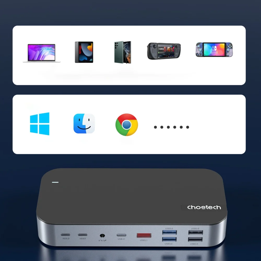 HUB Choetch M52 USB-C - USB-C PD/USB-C/USB-A/HDMI/VGA/DP/SD/TF/RJ45/AUX - grayeng