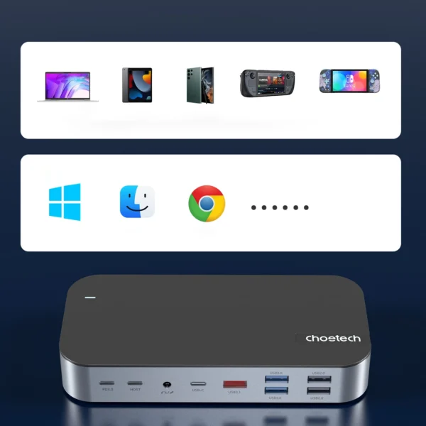 HUB Choetch M52 USB-C - USB-C PD/USB-C/USB-A/HDMI/VGA/DP/SD/TF/RJ45/AUX - grayeng