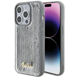 Guess Sequin Script Metal case for iPhone 15 Pro - silvereng