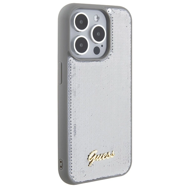 Guess Sequin Script Metal case for iPhone 15 Pro - silvereng